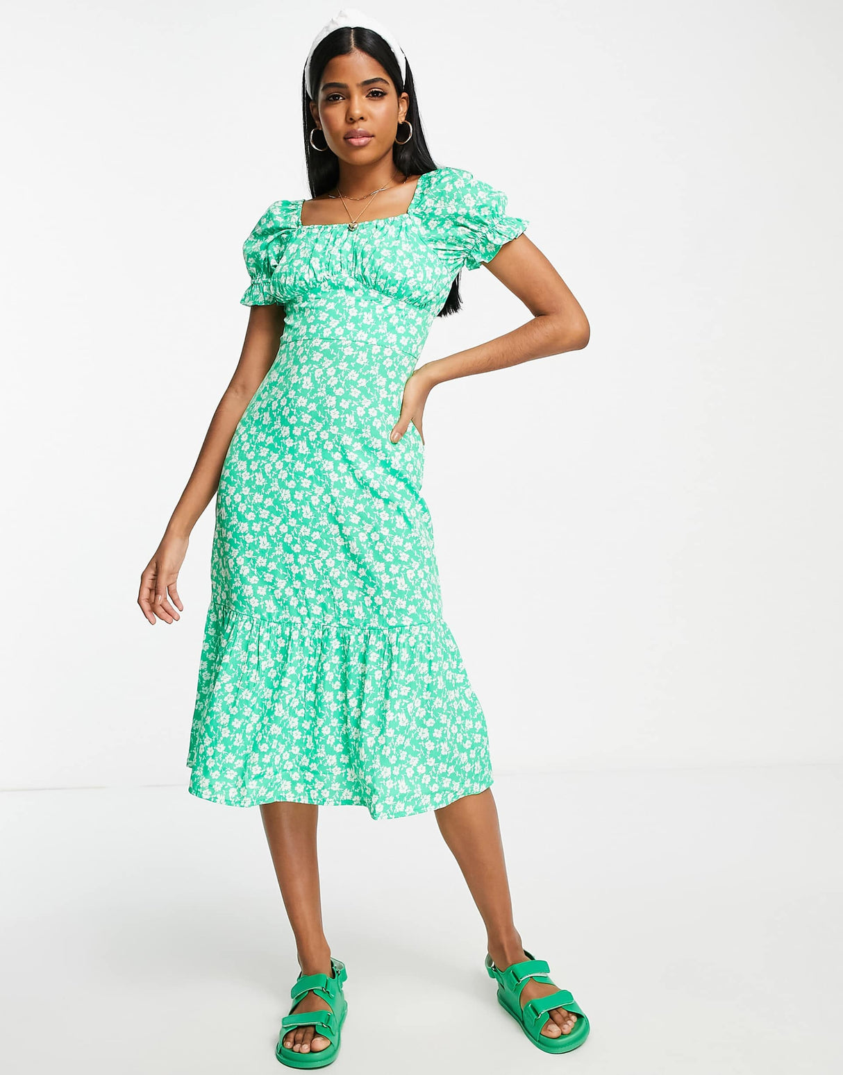 Influence Corset Detail Midi Dress In Green Floral Print
