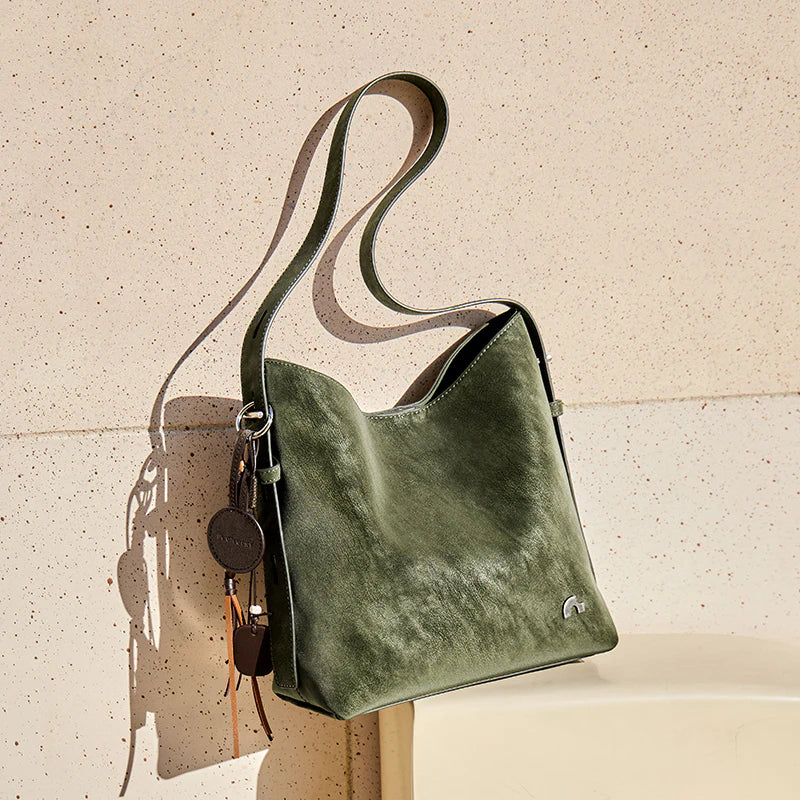 Nalandu Vintage Leather Large Capacity Tote Bag - Olive