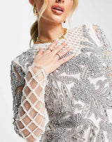 A Star Is Born Backless Embellished Long Sleeve Mini Dress In Silver
