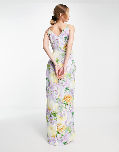 Liquorish Cami Strap Satin Wrap Maxi Dress In Soft Pastel Floral