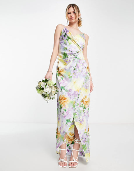 Liquorish Cami Strap Satin Wrap Maxi Dress In Soft Pastel Floral