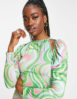In The Style X Liberty Exclusive Cut Out Ruched Puff Shoulder Mini Bodycon Dress In Orange Swirl Print
