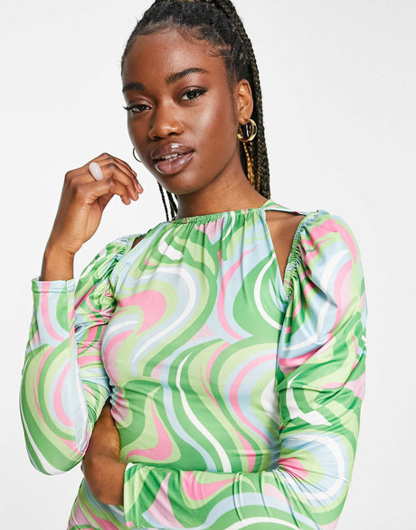 In The Style X Liberty Exclusive Cut Out Ruched Puff Shoulder Mini Bodycon Dress In Orange Swirl Print
