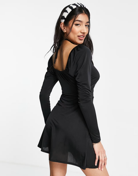 In The Style X Liberty Exclusive Halterneck Long Sleeve Ruched Front Skater Dress In Black