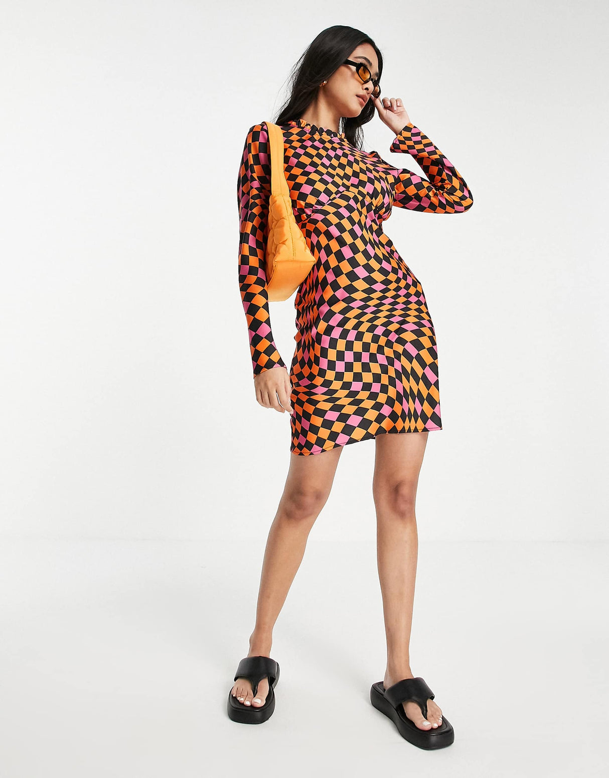 Never Fully Dressed Warped Checkerboard Mini Dress In Pink