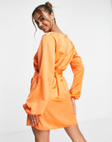 In The Style X Perrie Sian Satin Button Detail Belted Mini Dress In Orange