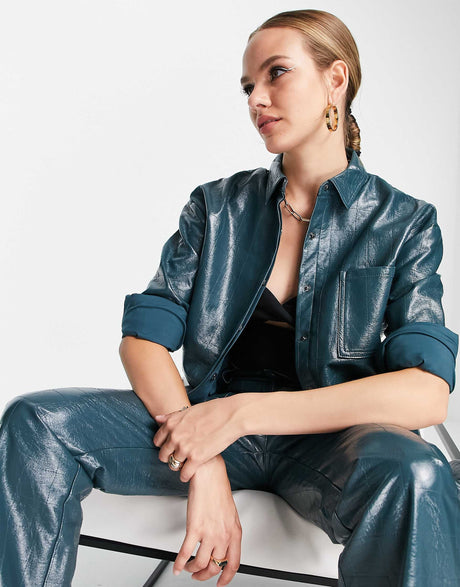 4Th & Reckless Oversized Leather Look Embossed Shirt Co Ord In Teal