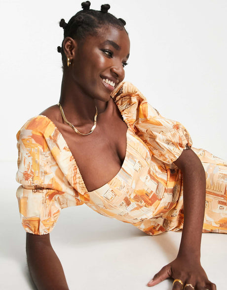 & Other Stories Puff Sleeve Mini Dress In Orange Print