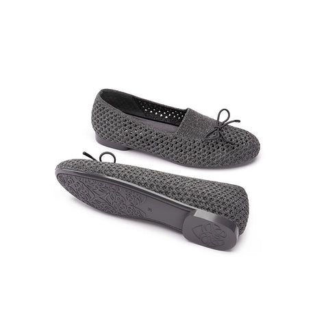 Bow Hollow Mesh Knit Round Toe Low Heel Flats - Charcoal