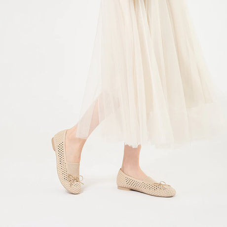 Bow Hollow Mesh Knit Round Toe Low Heel Flats - Beige