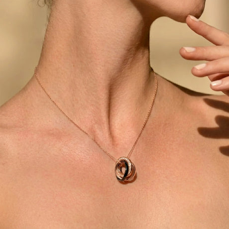 Krystal Couture Rose Gold Triple Interlocking Ring Black Pendant Necklace Embellished with Swarovski Crystals