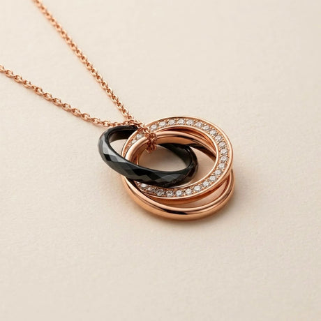 Krystal Couture Rose Gold Triple Interlocking Ring Black Pendant Necklace Embellished with Swarovski Crystals